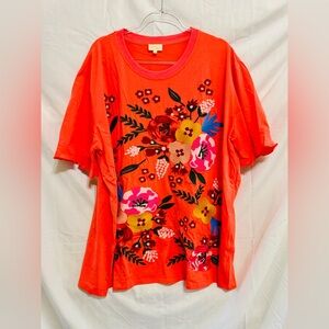 Women’s Plus Size 3X Shirt Sleeve Top Bright Orange with Flowers.